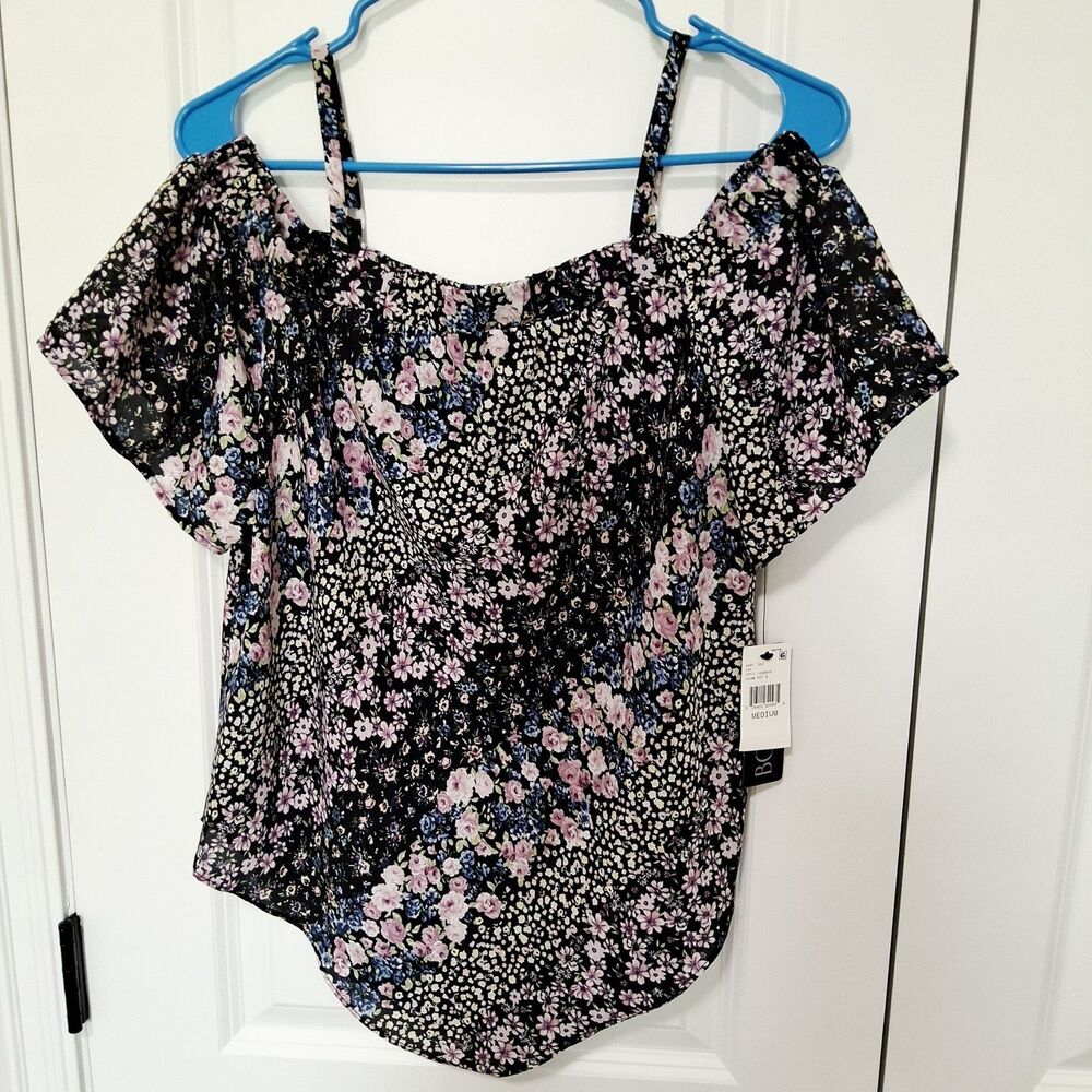 BCX Junior's Cold-Shoulder Black Floral Print Top Size Medium New w/Tag